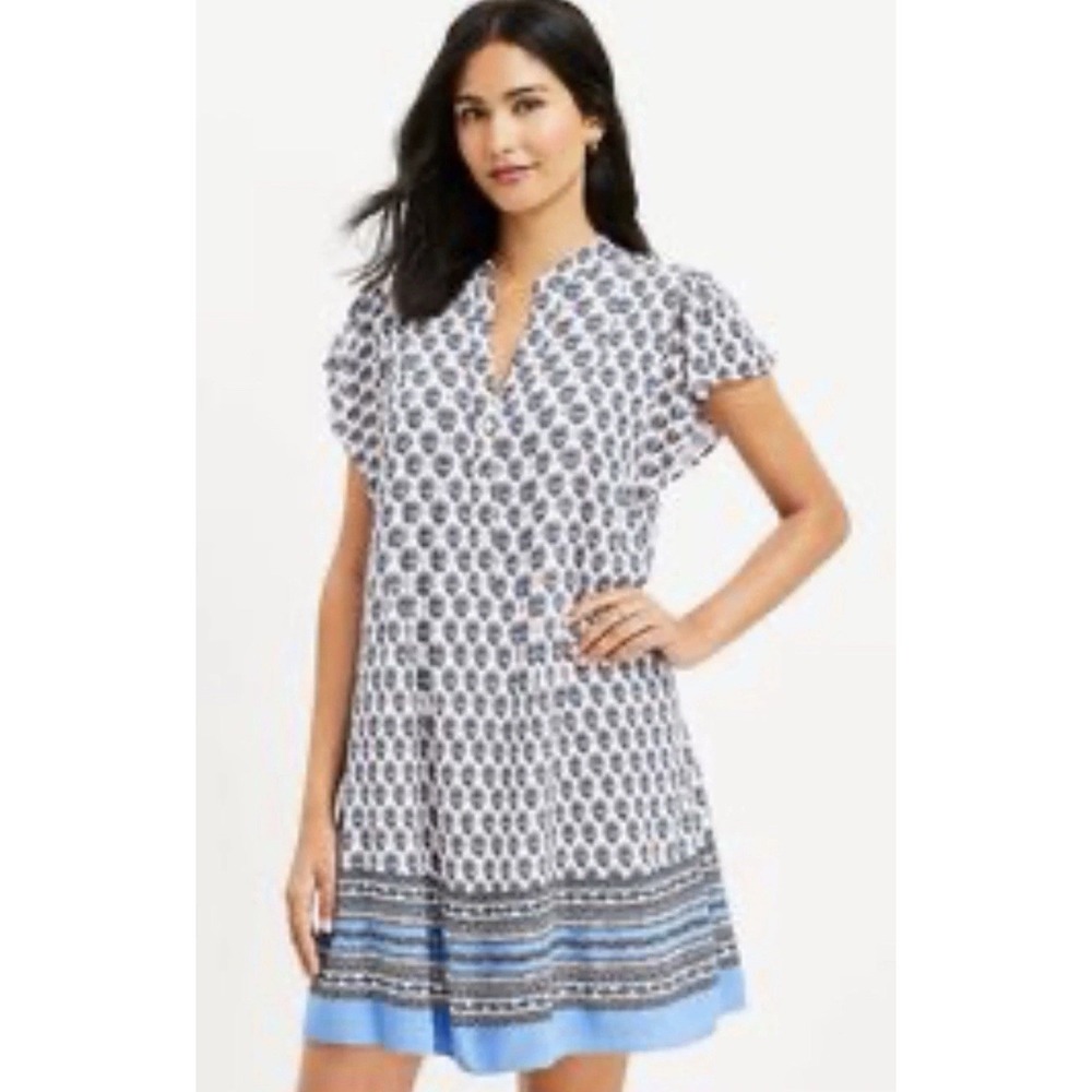 Loft Women's Pink Blue Floral Pleated Swing Dress Flutter Sleeve Size MP